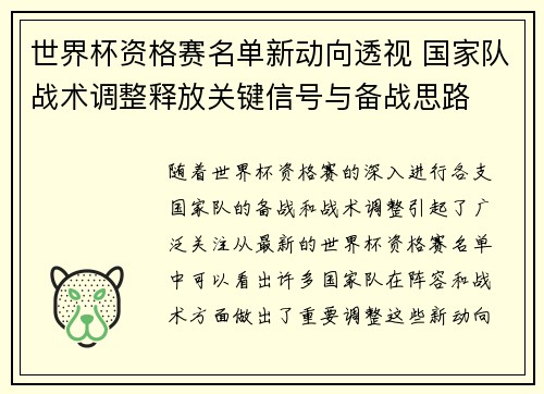世界杯资格赛名单新动向透视 国家队战术调整释放关键信号与备战思路